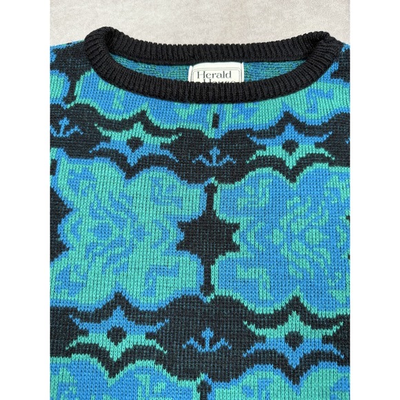 Vintage Herald House Sweater Mens Large Blue Green Black Acrylic Knit USA 80s - Picture 3 of 14